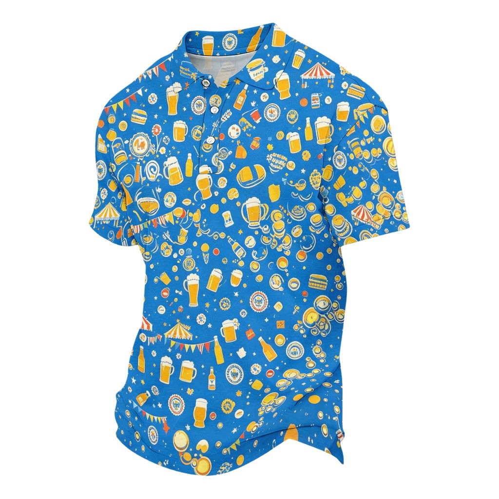 Unisex ležérní polo tričko volného střihu s krátkým rukávem a vzorem inspirovaným pivním festivalem. Lehké prodyšné látky pro každodenní nošení.