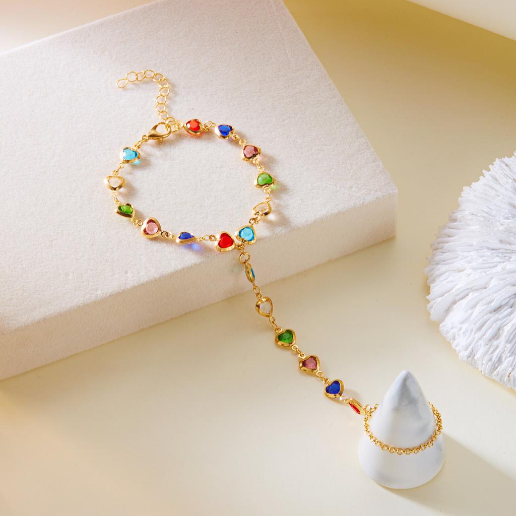 Light Luxury Colorful Love Heart Tassel Chain Ring With Bracelet Link Wrist Chain Finger Rings For Women Wedding Party Jewelry