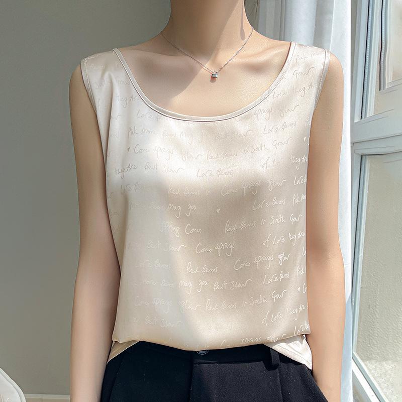 Women's 24-Year Printed Silk Camisole - Round Neck and V-Neck Satin Mulberry Silk Top for Summer Suit Layering
