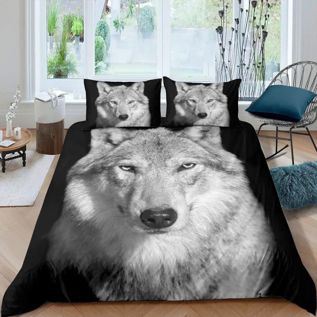Wolf Duvet Cover King Queen Size Cool One-Eyed Lone Wolf Bedding Set For Teens Adults Wild Animal 2/3Pcs Polyester Quilt Cover