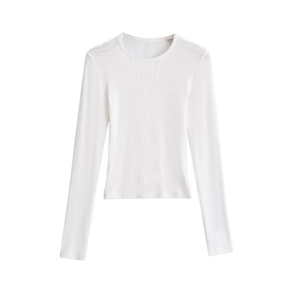 Trendy Women's Ribbed Long Sleeve Round Neck T-shirt - Slim Fit Autumn/Winter Base Layer in Solid Color.