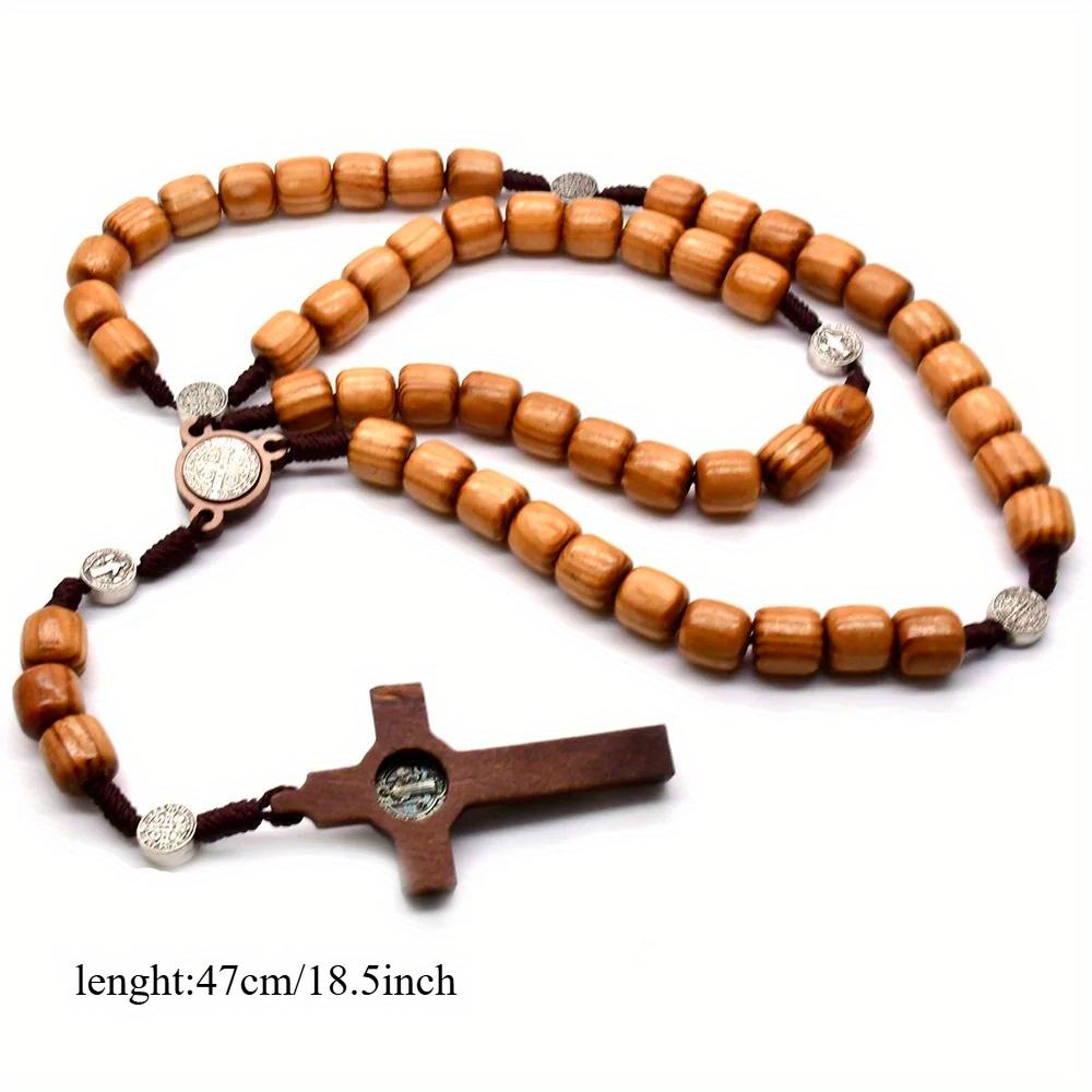 Wood Column-shaped Rope Braided Prayer Beads Cross Necklace Pendant Saint Benedict for Men Women Religious Jewelry