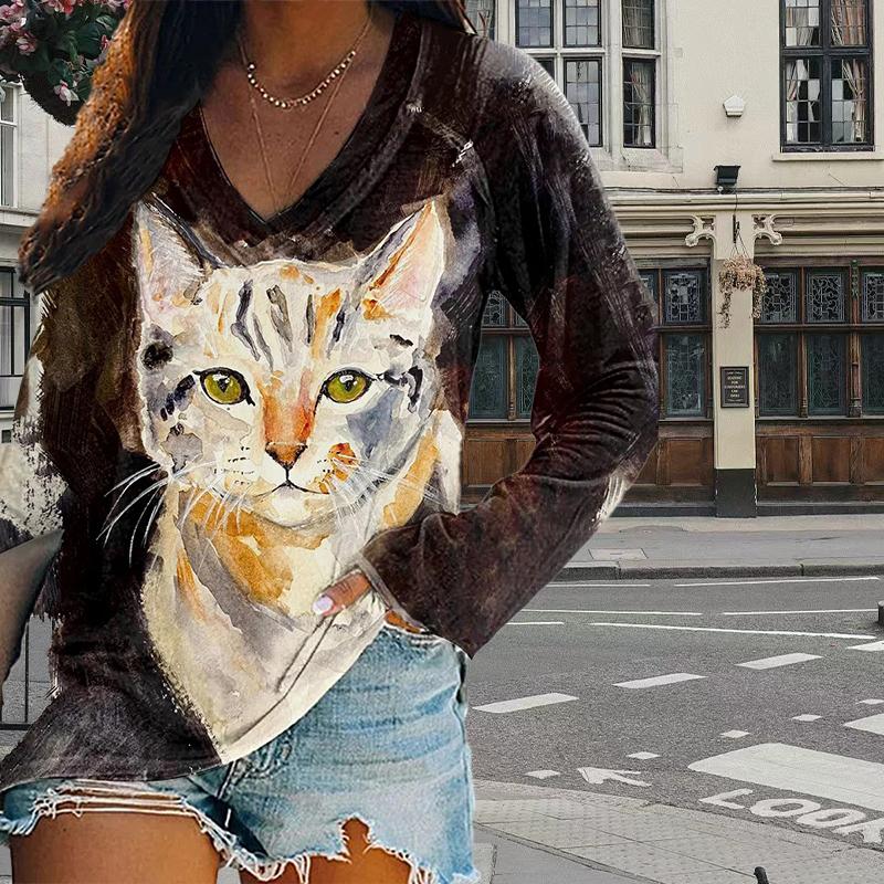

Женские футболки с принтом кошки Мао Мао, женские топы с длинным рукавом и V-образным вырезом, женские футболки, футболки для женщин 8XL разноцветный