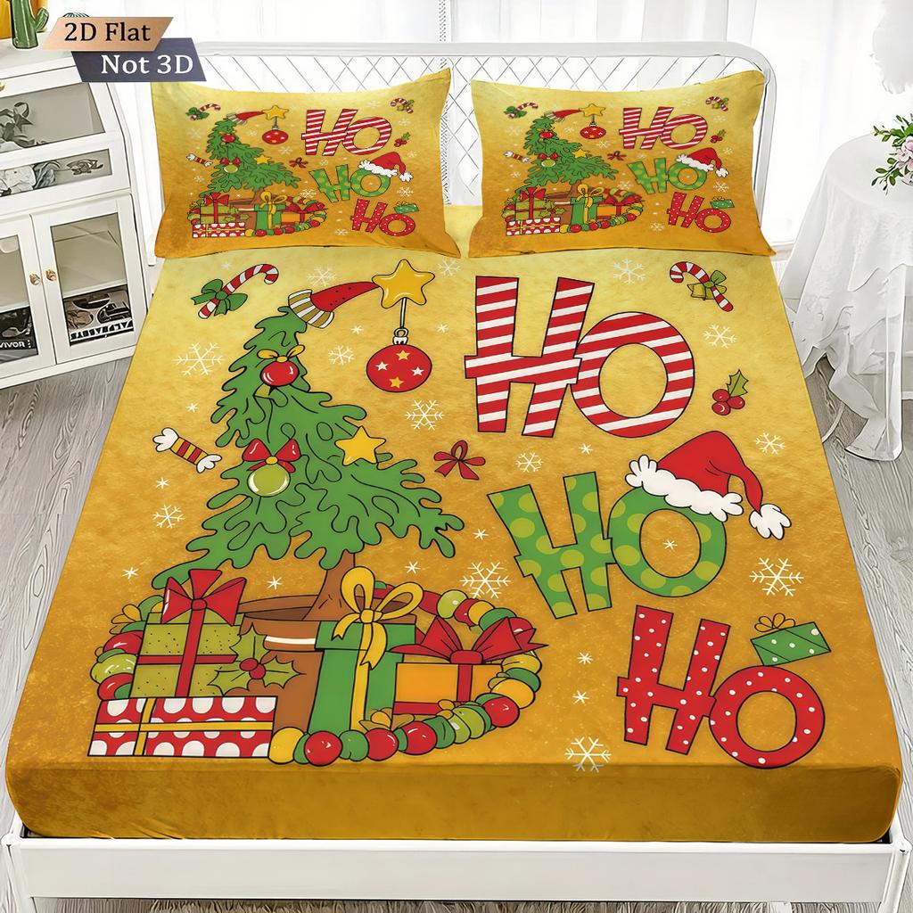 3pcs Cartoon Christmas Tree HO Print Coreless Bed Sheet Set Multi Size Soft Bed Cover Bedroom Bedding Holiday Decoration