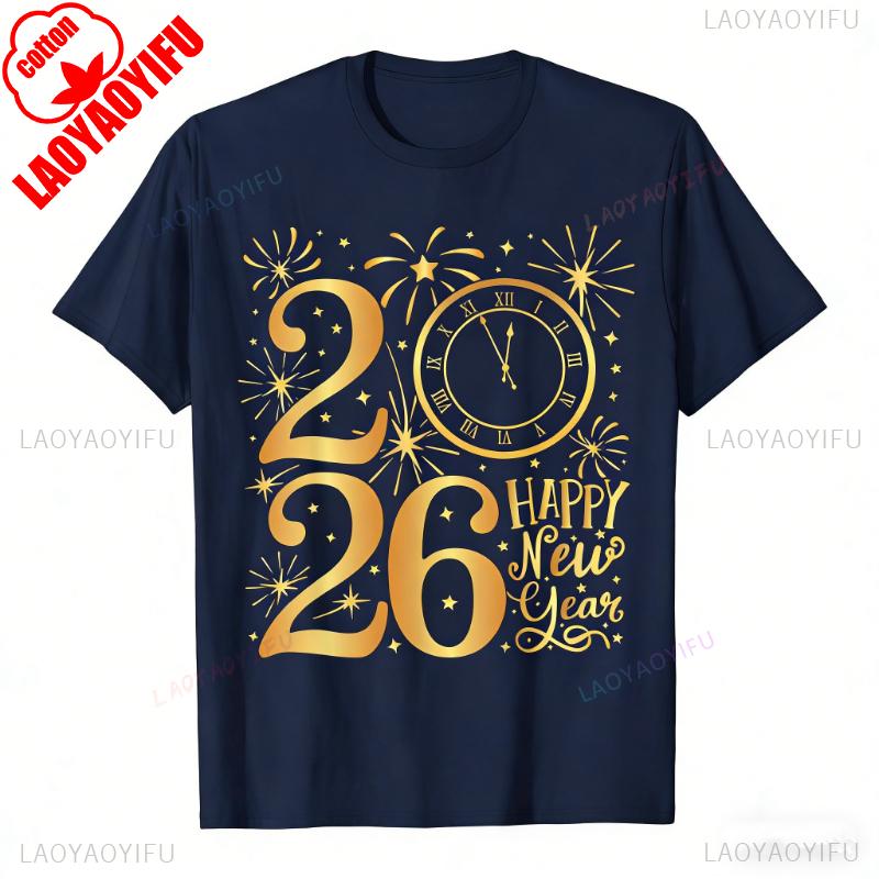 Happy New Year Party 2026 Family Matching Unisex Printed TShirt Tops High Quality Cotton Crewneck Casual Style Shortsleev