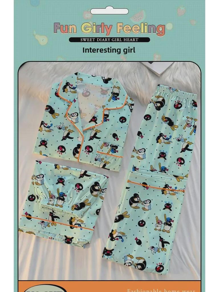Sweet Girl Penguin Print Summer Pajama Set - Short-Sleeved Cardigan & Shorts