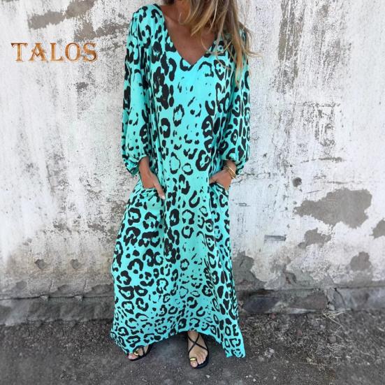 Women's Leopard Print Dress V-Neck Long Sleeve Maxi Dress Casual Loose Fit Spring Summer Dress for Office Daily Wear Vacation Party