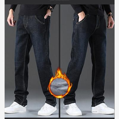 Autumn and Winter Models Plus Velvet Thick Jeans Men's Straight Loose Plus Fat Plus Size Black Trousers