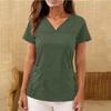 Top de uniforme de cuidador de manga corta con cuello en V de color para mujer con bolsillos de color
