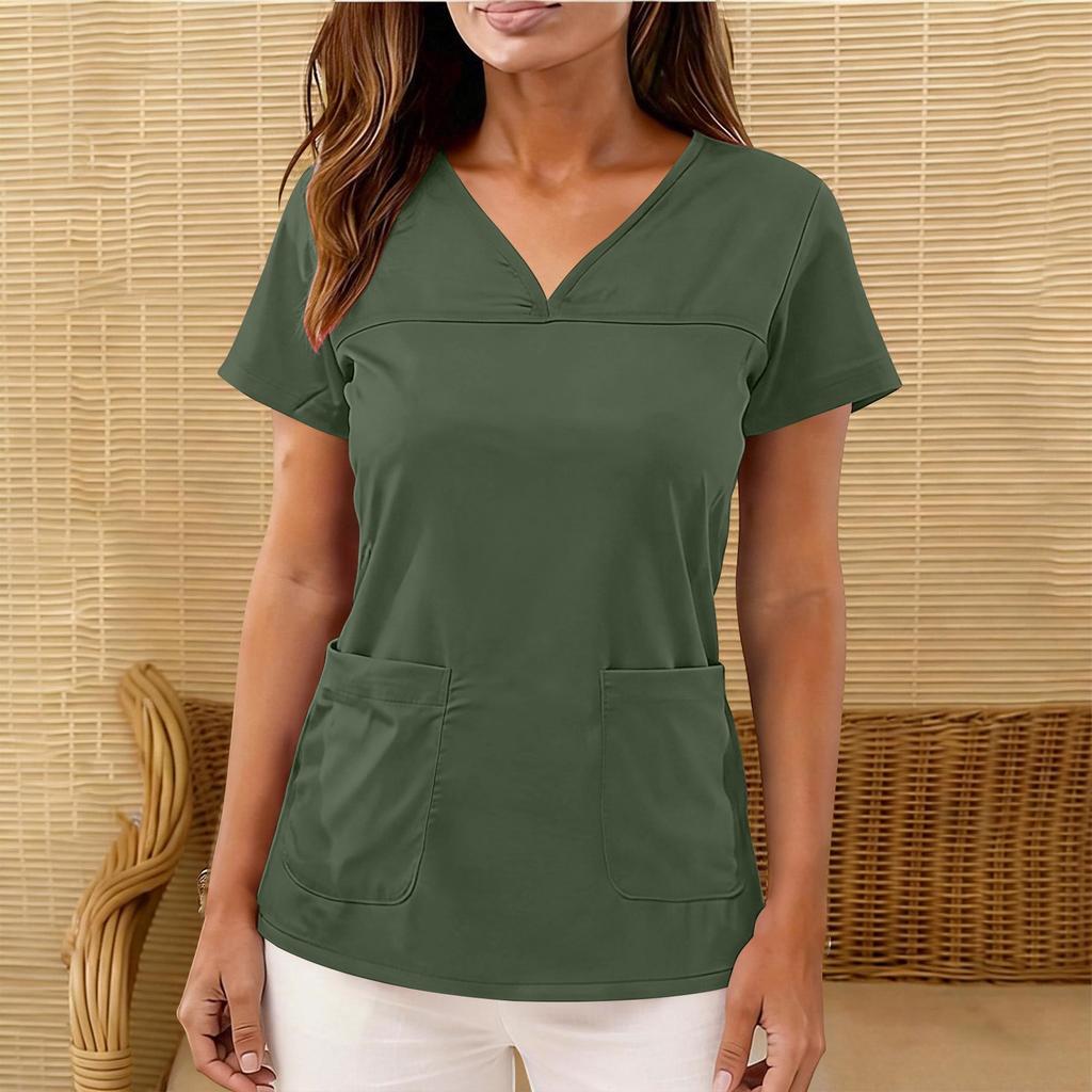 Top de uniforme de cuidador de manga corta con cuello en V de color para mujer con bolsillos de color