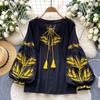 Fashion Blouse for Women Lantern Sleeve Loose Bandage Shirts  Vintage Embroidery Spring Blouses Tops
