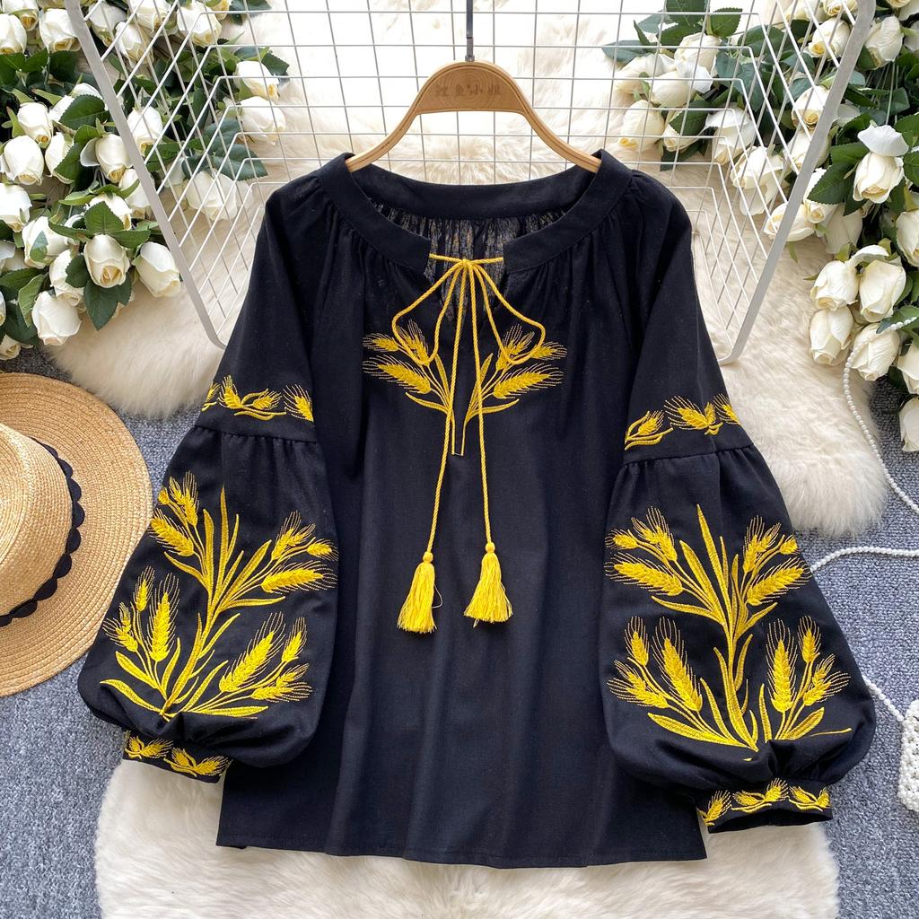 Fashion Blouse for Women Lantern Sleeve Loose Bandage Shirts Vintage Embroidery Spring Blouses Tops