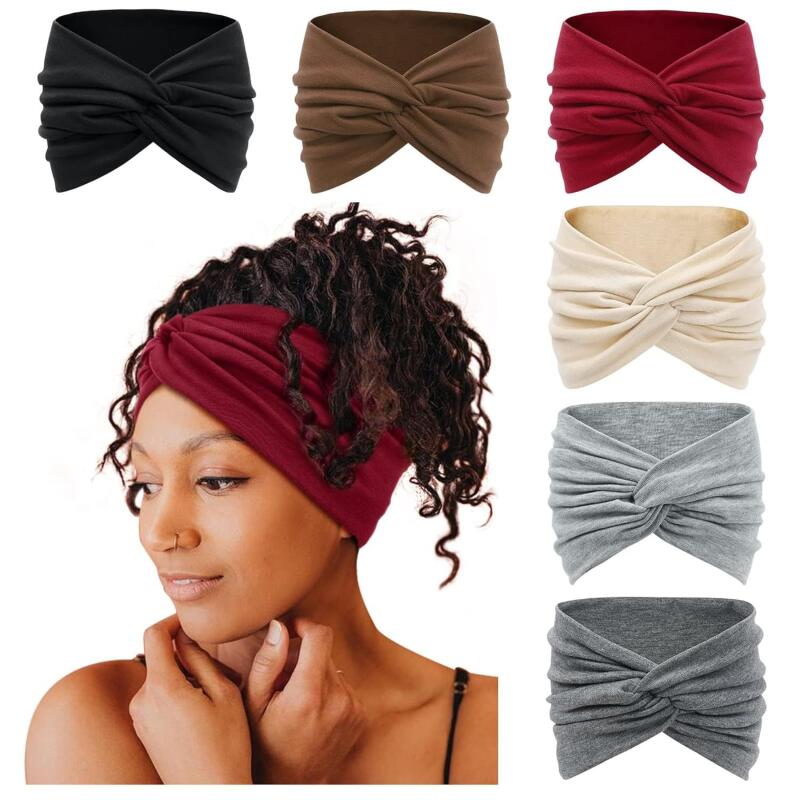 Bohemian Wide Headband Sweat-Absorbent Yoga Hair Wrap Cross-Tie Design 8cm Elastic Bandana - 6-Pack Set for Women Girls