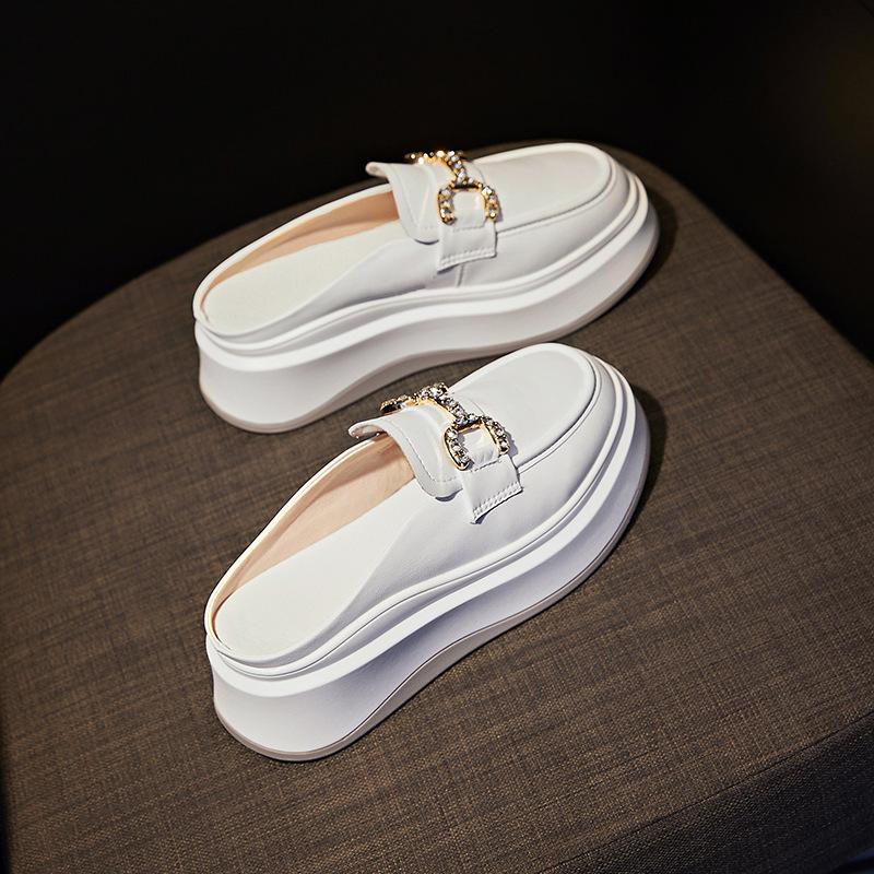 6Cm height increase real soft leather bag head half slippers women 2025 autumn new Internet celebrity thick sole without heel lazy shoes tide