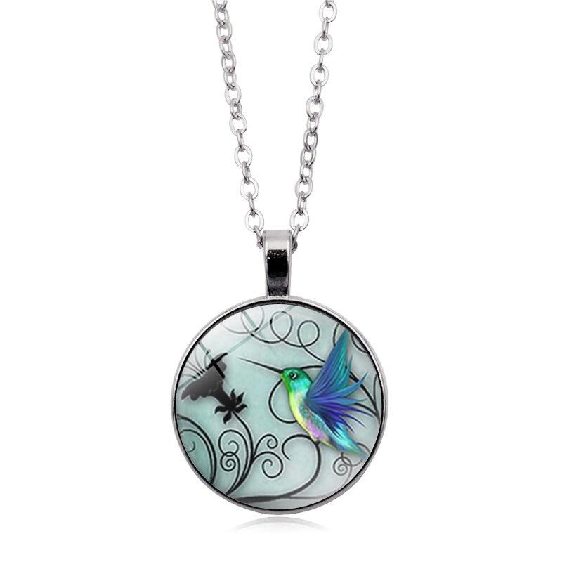 Blue Hummingbird Time Women's Versatile Decorative Glass Retro Jewelry Pendant Necklace