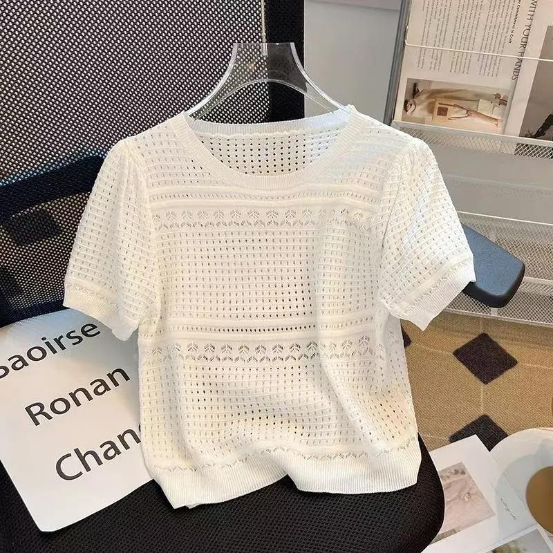 Women's Summer Ice Silk Knitted Shirt Short Sleeved Round Neck Hollow Thin Pullover Top