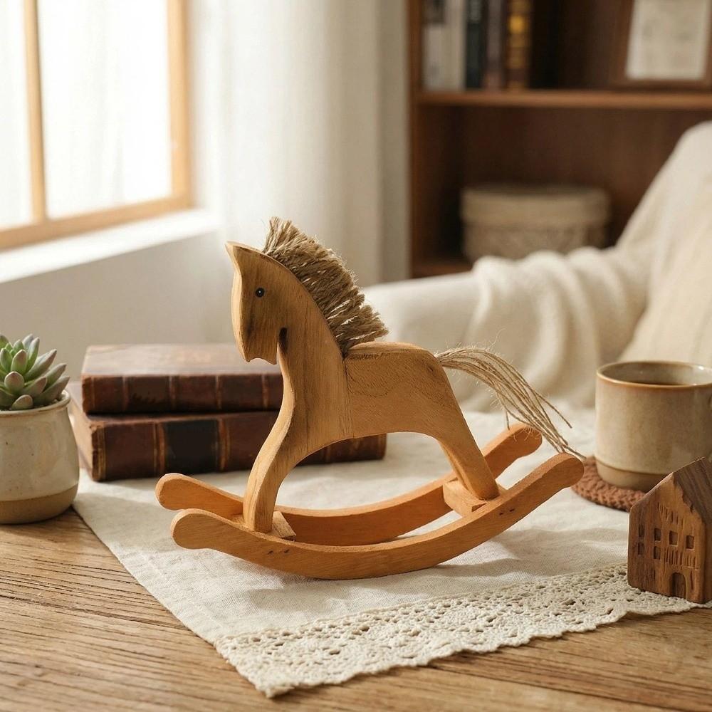 Handmade Rocking Horse Ornaments Retro Style Lifelike Rocking Horse Statue Hand Carved Decorative Animal Sculpture Bedroom