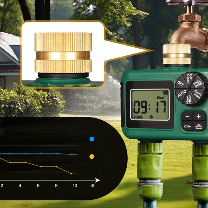 Robust Vattentät Dubbelzons Trädgårdsvattningstimer Mässingsinlopp Automatisk Sprinklerkontroller Med LCD-skärm