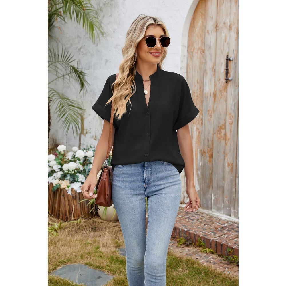 Sommer Neue Einfarbig V-ausschnitt Lose Kurzarm Button-Down Chiffon Hemd