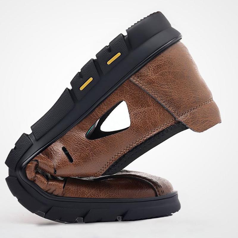 Fashion Men Leather Shoes Slip On Comfortable Casual Flats Fashion Breathable Dress Shoes Male Loafers Men Hollow Outdoor Beach Sandals