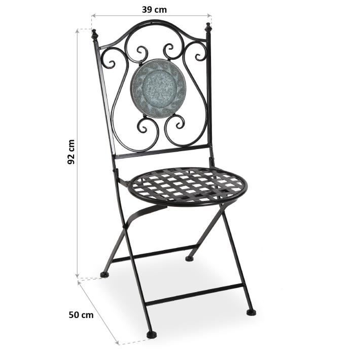 Chaise de jardin, balcon ou terrasse Trumpington - 92 x 50 x 39 cm - avec motif mosaïque en Métal - Noir et turquoise - Versa