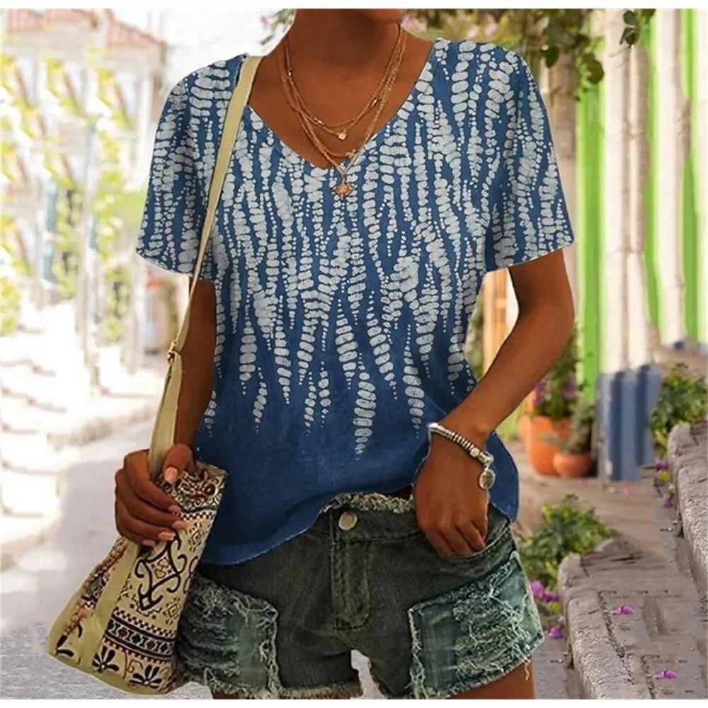 Abstract Face T-Shirts Fake Pocket 3D Print Women's V-Neck Short Sleeve T Shirt Y2K Casual Tees Harajuku Tops Female Clothing