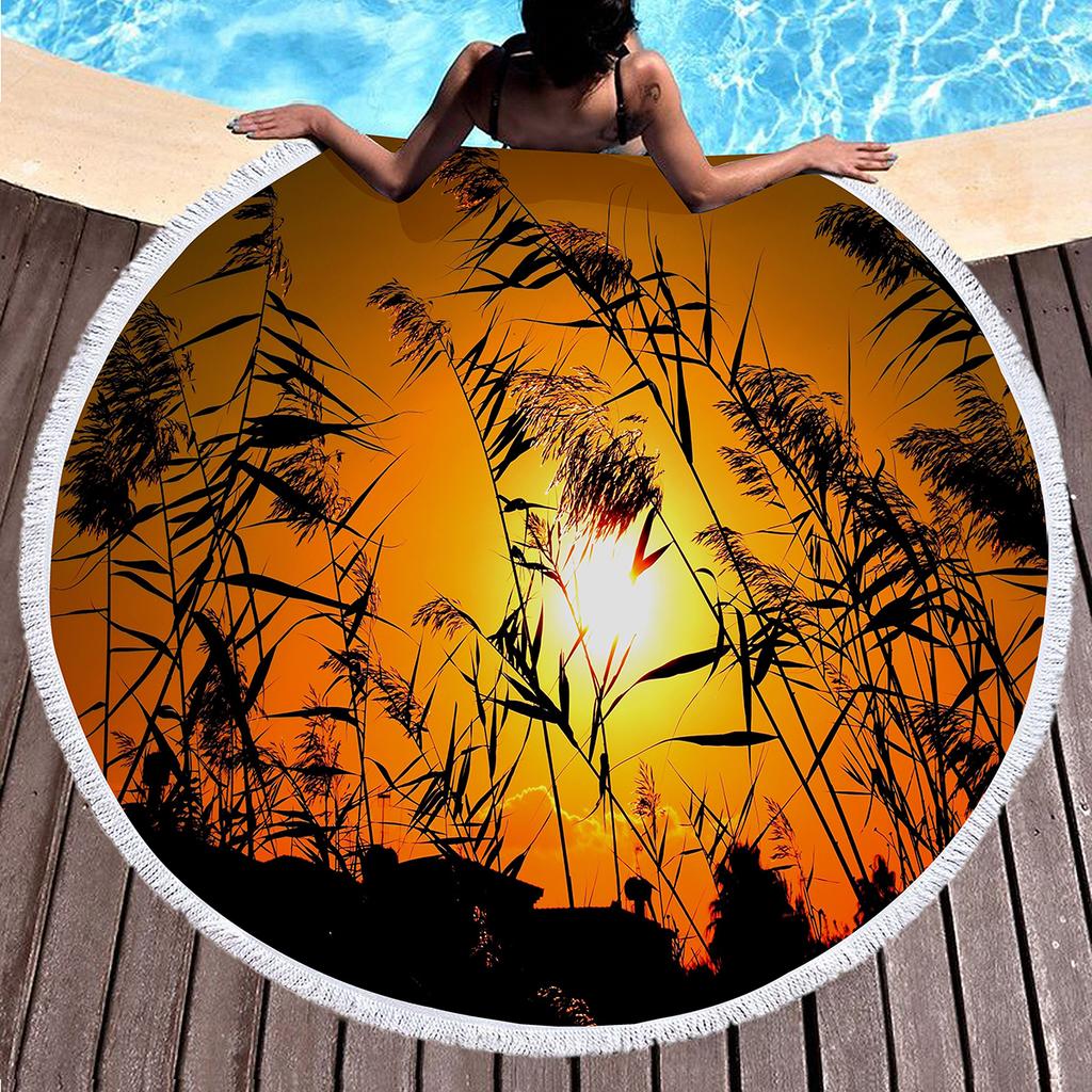 Wild Plant Fluttering Reed Round Beach Towel with Tassels,Polyester Beach Blanket,Soft Absorbent Quick Dry Pool Towel Picnic Mat