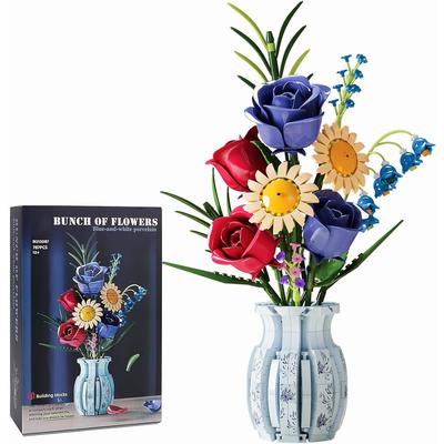 Flower Bouque Building Set with Vase, 787 PCS Botanical Collection Building Block Toy, Roses Sunflower Artificial Flowers Home Decor