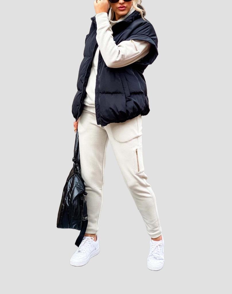 Stylish European & American Women's Solid Color Zipper Pocket Cotton Vest - Stand Collar, Trendy Commuting Jacket