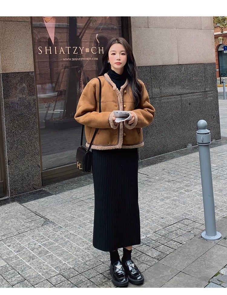 Maillard Retro Fashion Damen Winter Kurzmantel aus Lammwolle: Kleine, Samtgefütterte, Dicke Einteilige Lederjacke