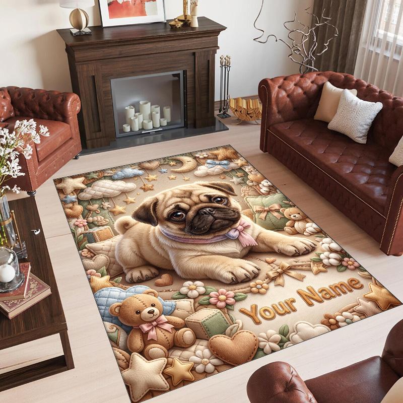 Pug Theme Crystal Velvet Floor Rug Personalized Custom Name Text Warm Carpet Home Decoration