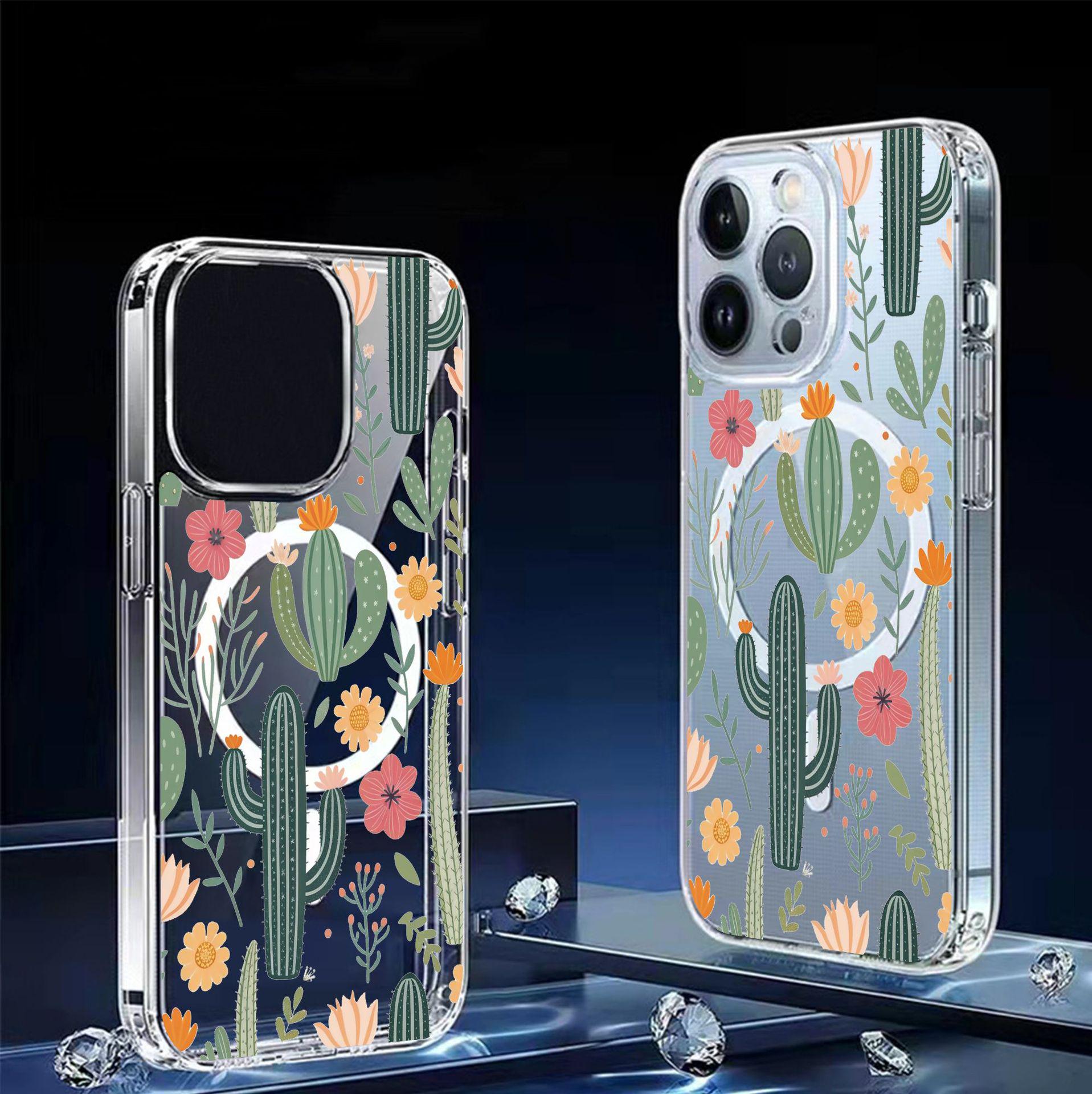Cactus Flower Magnetic Case for iPhone 15/16/17 Pro Max - Transparent Full Coverage Protection iPhone 14 Pro Max
