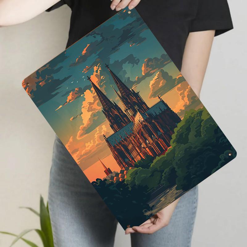 Gothic Church Sunset Silhouette Metal Wall Art European Retro Decorative Painting 20x30cm（7.8x11.8inch）
