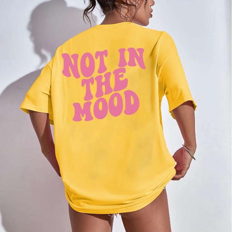 

Футболки с принтом Not In The Mood женские розовые буквы XXXL жёлтый