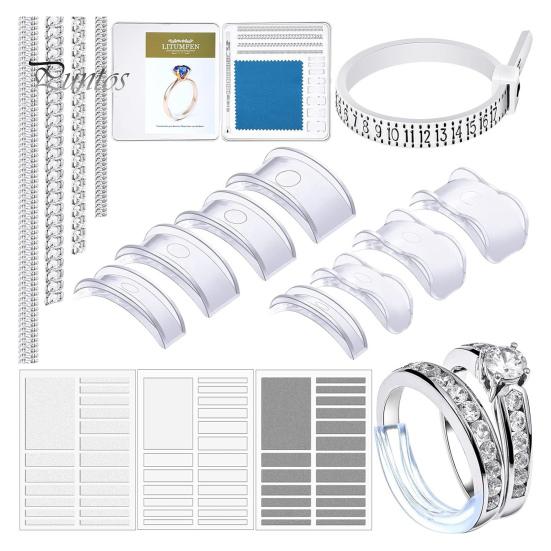 17 ks Zmenšovače velikosti prstenů Volné prsteny Neviditelný Zmenšovač velikosti prstenu Distanční kroužek Zvětšovač prstenu Zásuvné Silikonové Spirály Zpevňovač Sada s Leštícím Hadříkem