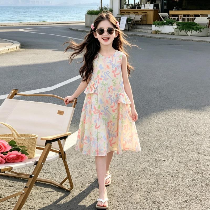 Girls Stylish Sleeveless Princess Dress with Mesh Bow for Summer 2026 160 cm