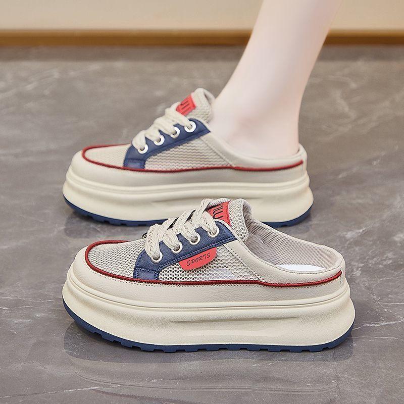 2025 Summer Half Tray White Shoes New Korean Version Ins Female Students Platform Mesh Casual Low-top Lace-up Slippers