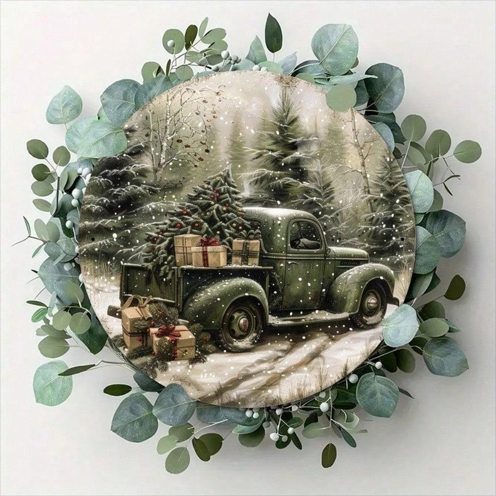Vintage Metal Tin Sign Green Truck Christmas 8x8 Inch Rustic Wall Decor Farmhouse Retro Art Holiday Gift