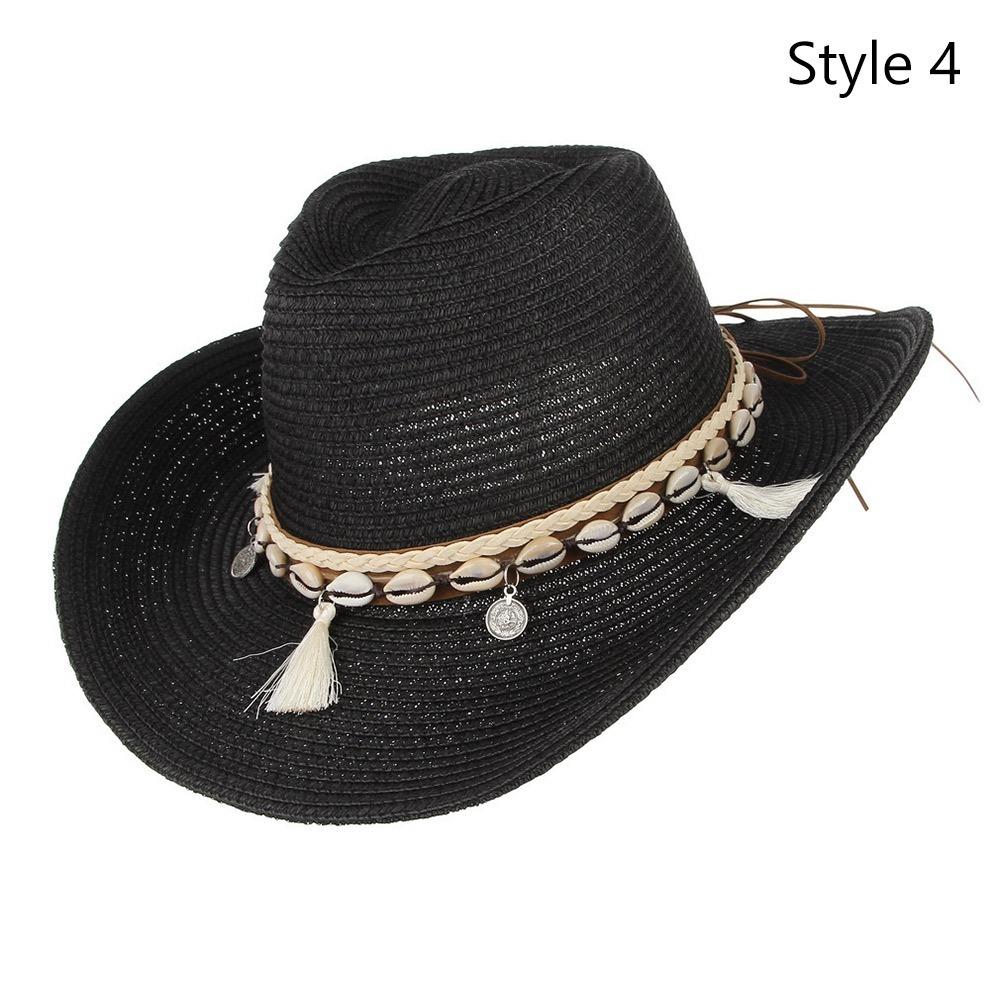 Wide Brim Summer Straw Hat Ethnic Style Beach Sun Hat Fashion Western Cowgirl Hat  for Women & Men Style 4