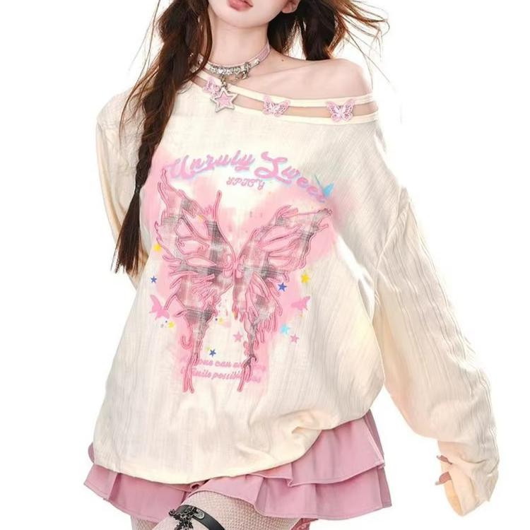Streetwear Bufferfly T Shirt Women Loose Hollow Out Long Sleeve Vintage Tees American Sweet Casual Oversize Letter New Tops