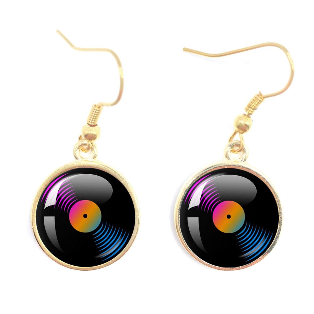 Classic Vintage Vinyl Records Rretro Phonograph Rrecord Dome Glass Ladies Earrings Music Lover Gifts Music Record Disc Earrings