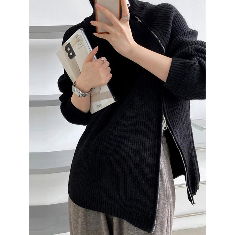 Lazy Style High Neck Zipper Solid Color High-end Knitted Sweater for Outerwear, Loose Long Sleeved Warm Top for Outerwear