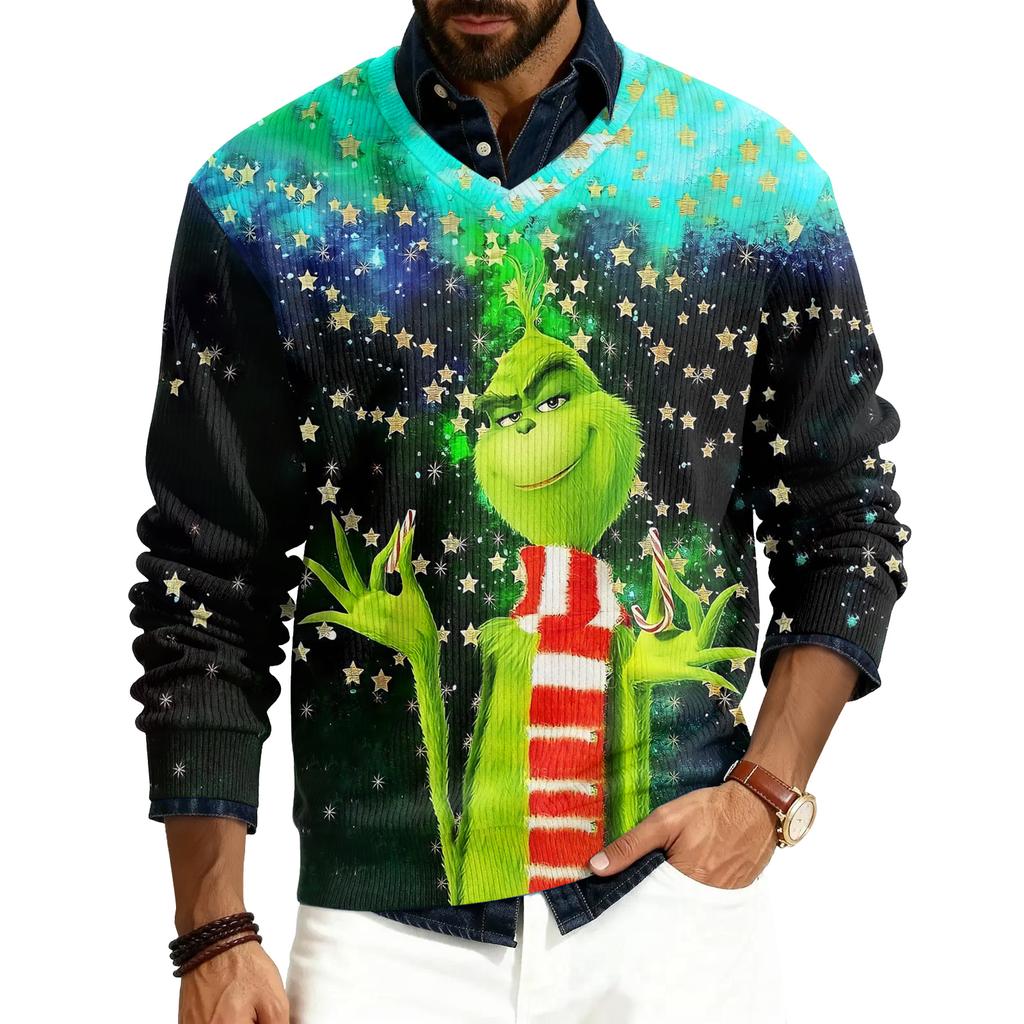 Men's V-neck Long Sleeve Ribbed Knit Pullover