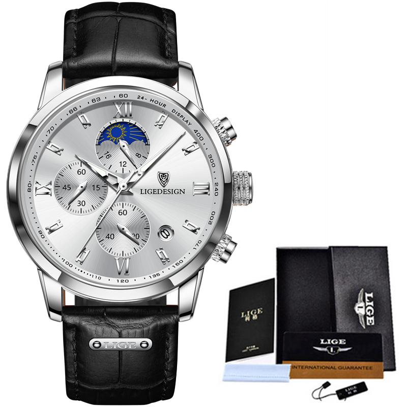 

Relogio Masculino Business Mens Watches Brand Luxury Leather Waterproof Sport Quartz Chronograph Military Watch Men Clock срібні білого кольору