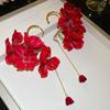Sweet Gold Color Ear Hanging Red Flower Tassel Jewelry Accessories  for Women Girls