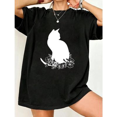Oversized T Shirt Black Cat And Flowers Print Casual Wear For Women Summer Outfit Streetwear Fashion Top