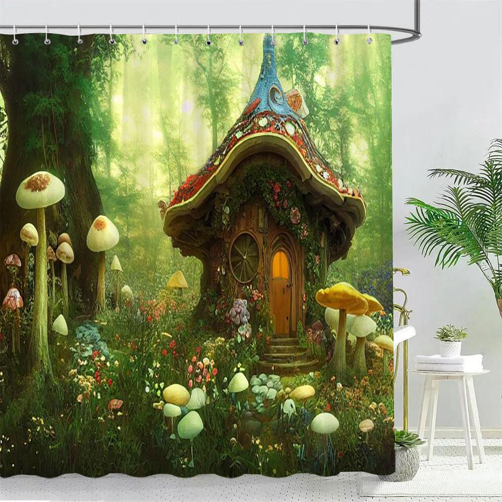 Fantasy Forest Mushroom House Shower Curtain Pretty Cartoon Pattern Polyester Fabric Kids Bath Curtain Bathroom Decor With Hooks