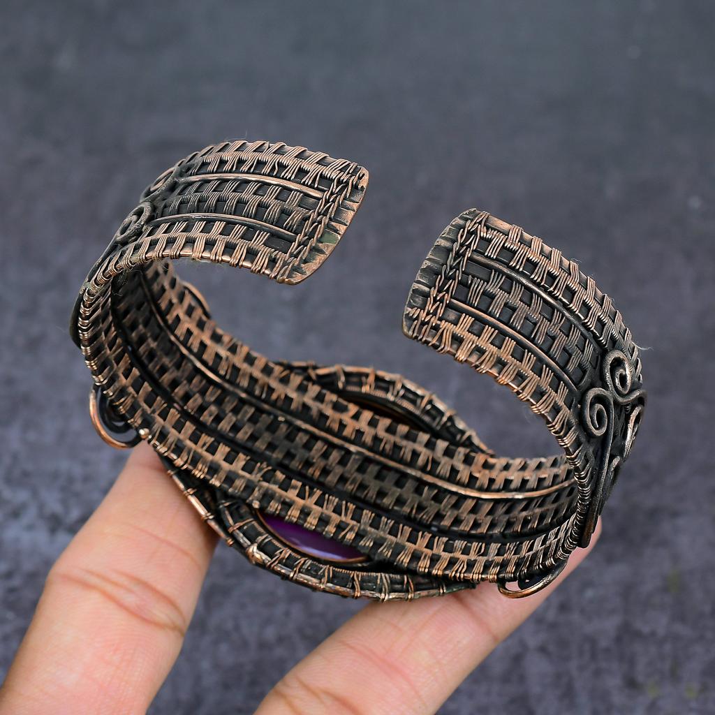 Pink Lace Agate Gemstone Handmade Copper Wire Wrap Cuff Bangle Adjustable W2i12