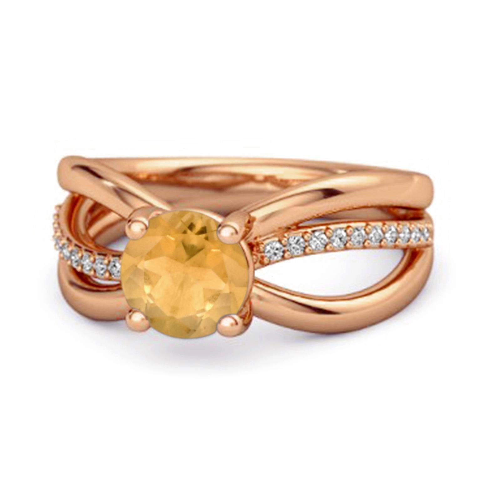 

Citrine Crossover Pave Band Design Ring - 925 Sterling Silver Rose Gold Vermeil 6.5