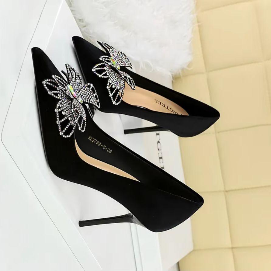 Fashion 2025 Spring Bowknot Rhinestone Women Pumps Luxury Banquet Shoes Women 9 Cm Heels Stilettos Pointed End High-heeled Shoes Lady